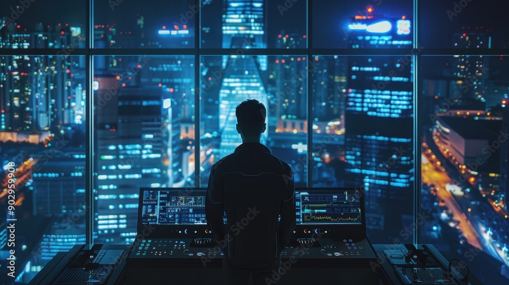 A man is sitting in front of a computer monitor with a city view in the background. Concept of focus and concentration as the man works on his computer A man is sitting in front of a computer monitor with a city view in the background. Concept of focus and concentration as the man works on his computer