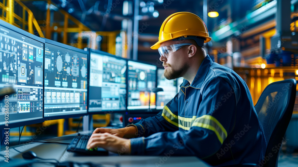 Engineer operates control room monitors in industrial facility during daytime shift. Generative AI. Engineer operates control room monitors in industrial facility during daytime shift. Generative AI.