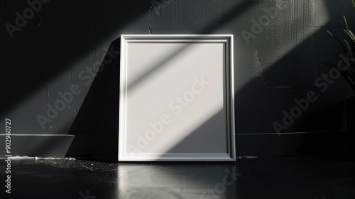 A minimalist white frame stands against a black wall, illuminated by contrasting shadows, creating a serene and artistic atmosphere