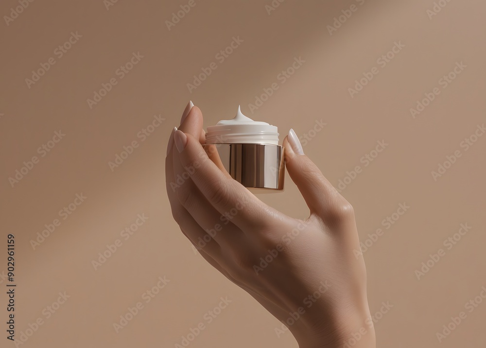 © TigerDude - Beautiful woman's hand holding cosmetic jar with cream on beige background, mockup for design and branding.