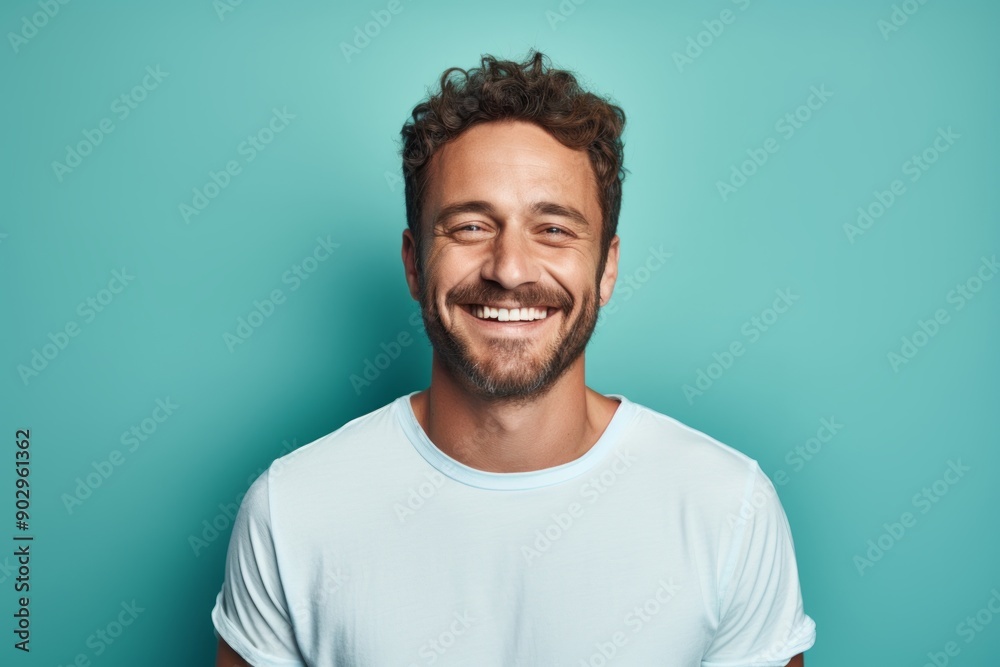 Portrait of a grinning man in his 30s donning a trendy cropped top over pastel teal background Portrait of a grinning man in his 30s donning a trendy cropped top over pastel teal background