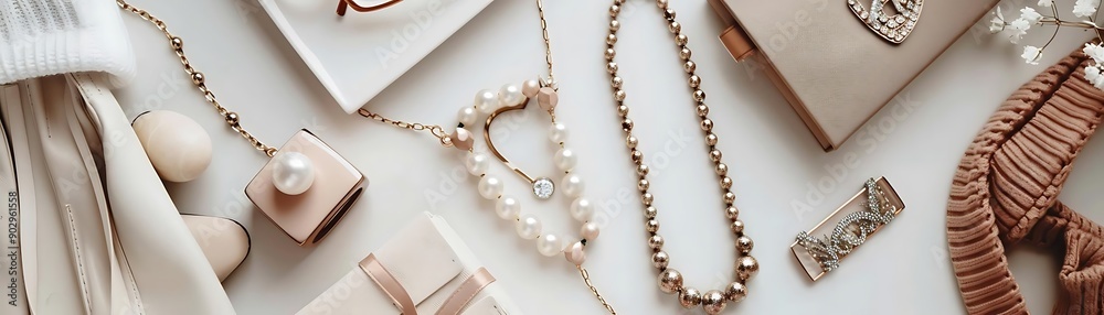 Beige and Gold Accessories Flat Lay Still Life Illustration Beige and Gold Accessories Flat Lay Still Life Illustration