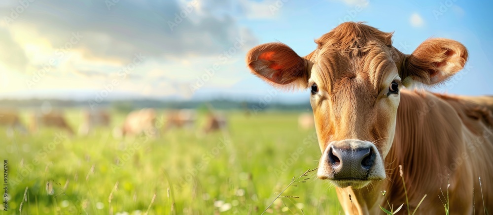 Innocent Jersey cow headshot in a green pasture with a herd and horizon in the background suitable as a copy space image Innocent Jersey cow headshot in a green pasture with a herd and horizon in the background suitable as a copy space image