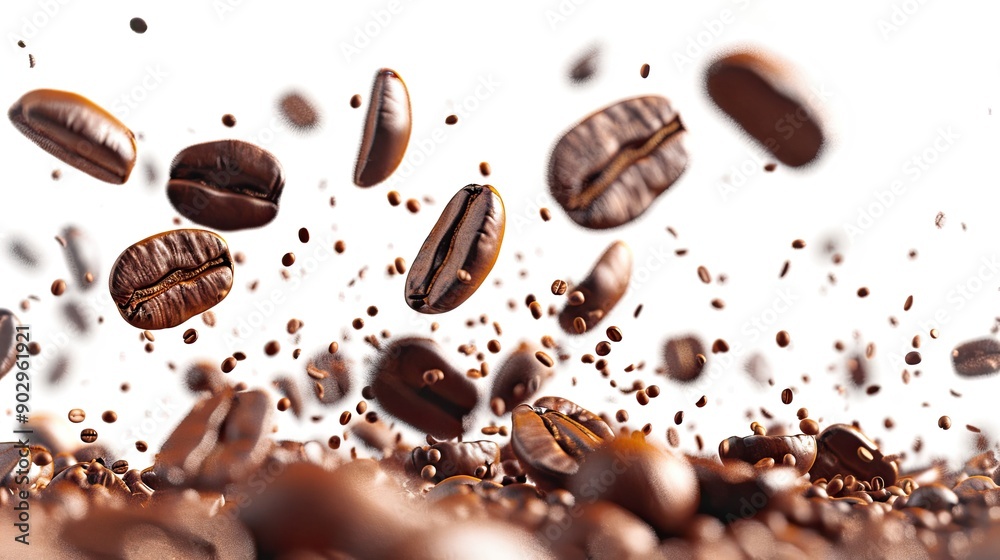 Dynamic explosion of coffee beans flying through the air, isolated on a transparent background, capturing their energy and movement. Dynamic explosion of coffee beans flying through the air, isolated on a transparent background, capturing their energy and movement.