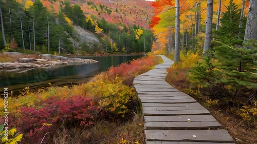 wooden path winds through a forest, alongside a calm