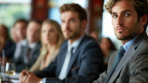 Attentive Businessman: A focused young businessman, dressed in a sharp gray suit and tie