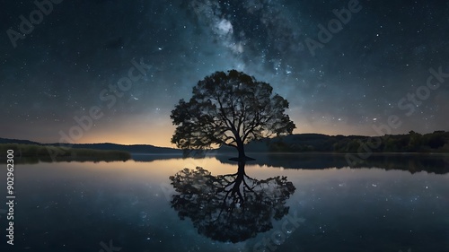 tree stands in a still lake, its reflection mirrored in the water.