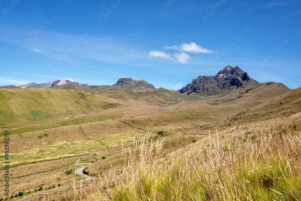 Beautiful view of the Pichincha mountain and volcano, which is almost 4800 Mts high in the Andes. On a bright sunny morning with clear blue skies. Quito, Ecuador. Beautiful view of the Pichincha mountain and volcano, which is almost 4800 Mts high in the Andes. On a bright sunny morning with clear blue skies. Quito, Ecuador.