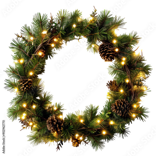 Christmas Wreath, Pine wreath with lights and pinecones, Festive Decoration on a transparent background. photo