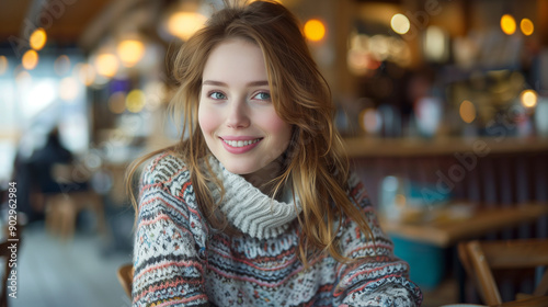 A beautiful young smiling woman sitting at a table at a coffee shop or a restaurant or a bar at winter or autumn with space for text