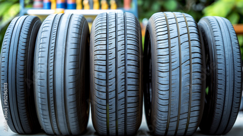 Diverse Set of High-Quality Car and Truck Tires with Visible Patterns and Accessories