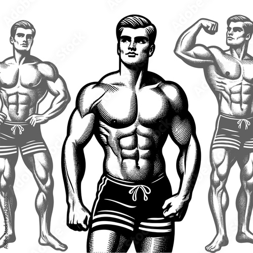 muscular athlete bodybuilder man in different poses, strength and physique sketch engraving generative ai fictional character vector illustration. Scratch board imitation. Black and white image.