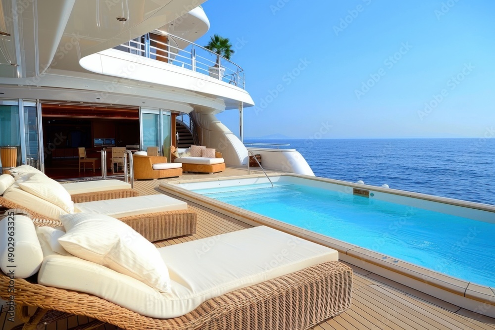 A large yacht with a pool and a balcony overlooking the ocean A large yacht with a pool and a balcony overlooking the ocean