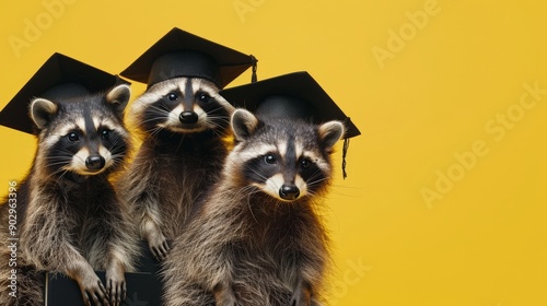 Raccoons in black graduation hats, Smart raccoons university students on a uniform colored background