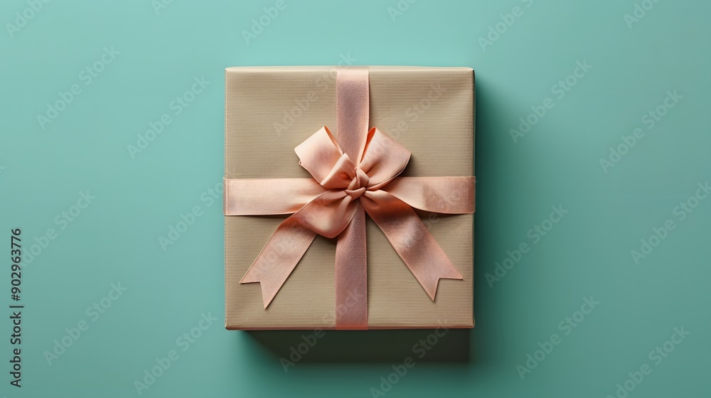 Elegant Gift Box with a Soft Pink Ribbon on a Turquoise Background