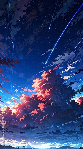 Vivid anime illustration of a meteor shower over a cityscape at dusk, with colorful clouds and streaks of light.