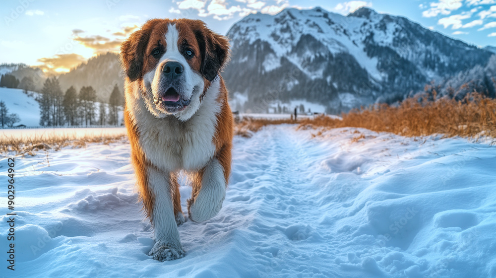 Playful St. Bernard Dog Running Through Snowy Mountain Landscape
Playful St. Bernard Dog Running Through Snowy Mountain Landscape