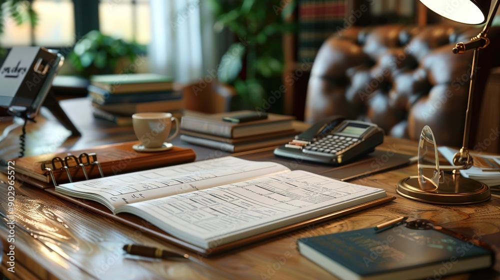 Realistic Image of an Office Desk with a Book, a Phone, and a Lamp Realistic Image of an Office Desk with a Book, a Phone, and a Lamp