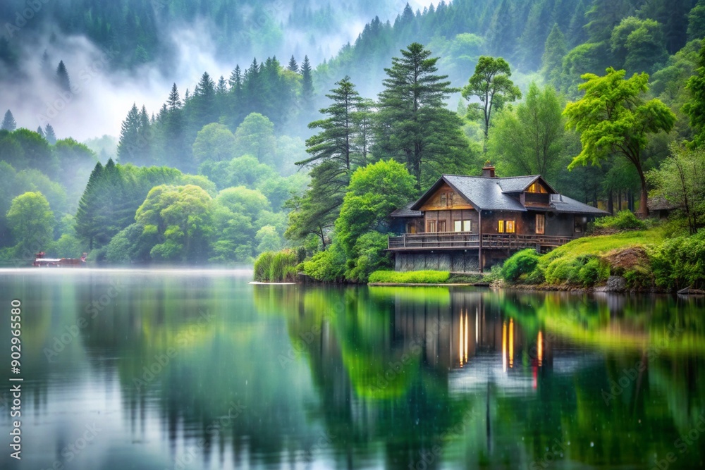 Fototapeta premium House on the lake in rainy day