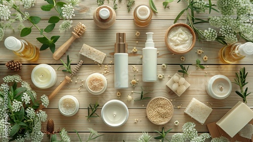 Organic skincare products arranged with natural ingredients on a wooden surface, promoting eco-friendly beauty and wellness routines. photo