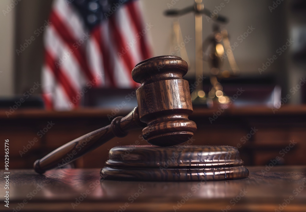 Wooden gavel on table with blurred american flag in background, high resolution, high detail, cinematic photography style Wooden gavel on table with blurred american flag in background, high resolution, high detail, cinematic photography style