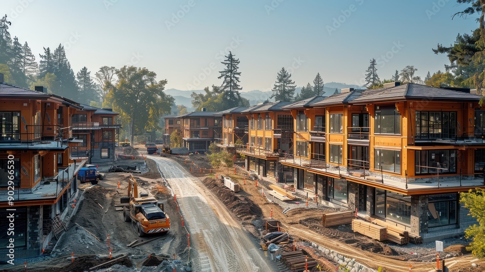 Construction Progress of Modern Residential Units in Scenic Mountain Locale During Early Morning Light Construction Progress of Modern Residential Units in Scenic Mountain Locale During Early Morning Light