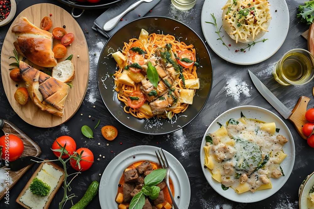 Delicious Italian Food on a Black Table, a Photo Delicious Italian Food on a Black Table, a Photo