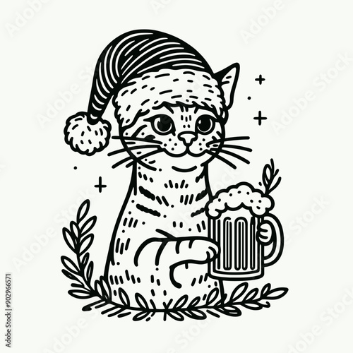  Bengal Cat wearing a santa hat  hold a glass of beer mug wear santa claus hat tangled wrap around with Christmas lights in christmas party  vector svg clipart 