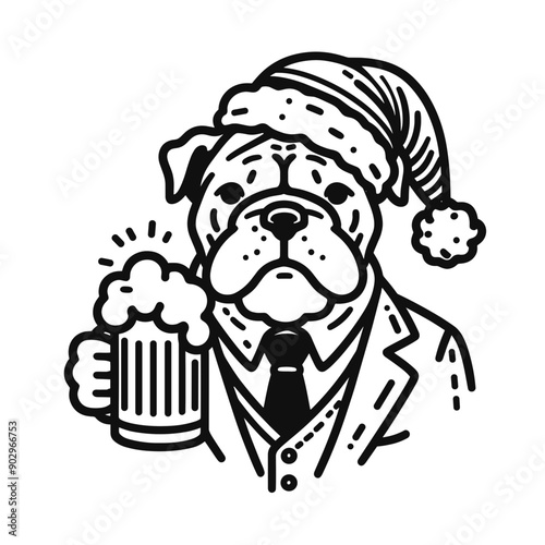  Bulldog Dog wearing a santa hat hold a glass of beer mug wear santa claus hat tangled wrap around with Christmas lights in christmas party vector svg clipart  