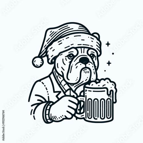  Bulldog Dog wearing a santa hat hold a glass of beer mug wear santa claus hat tangled wrap around with Christmas lights in christmas party vector svg clipart  