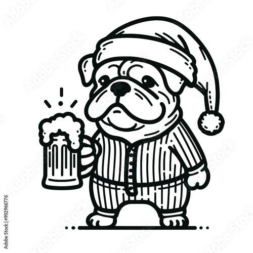  Bulldog Dog wearing a santa hat hold a glass of beer mug wear santa claus hat tangled wrap around with Christmas lights in christmas party  vector svg clipart 