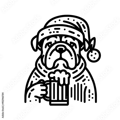  Bulldog Dog wearing a santa hat hold a glass of beer mug wear santa claus hat tangled wrap around with Christmas lights in christmas party   vector svg clipart
