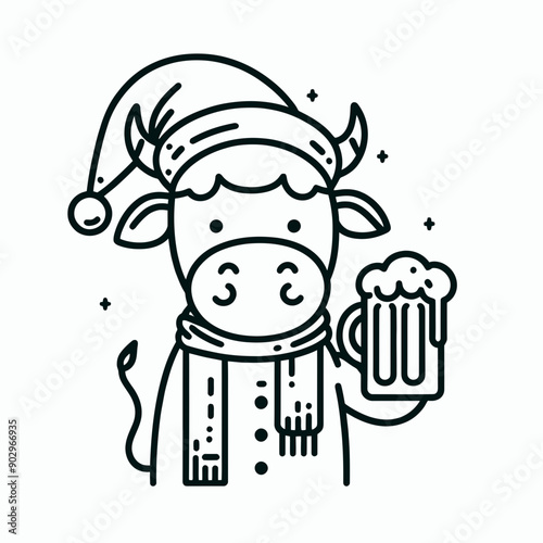  Cow wearing a santa hat  hold a glass of beer mug wear santa claus hat tangled wrap around with Christmas lights in christmas party vector svg clipart  