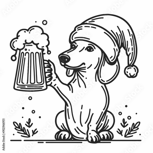  Dachshund Dog wearing a santa hat hold a glass of beer mug wear santa claus hat tangled wrap around with Christmas lights in christmas party   vector svg clipart