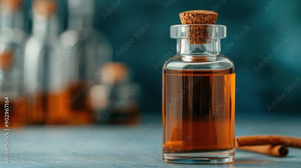 A glass bottle filled with brown liquid, cork stopper. Cinnamon sticks and blurred bottles in the background on a blue surface. A glass bottle filled with brown liquid, cork stopper. Cinnamon sticks and blurred bottles in the background on a blue surface.