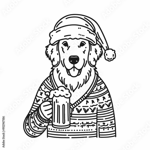  Golden Retriever Dog wearing a santa hat hold a glass of beer mug wear santa claus hat tangled wrap around with Christmas lights in christmas party  vector svg clipart 