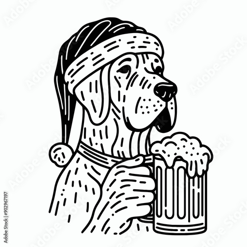  Grwith Dane Dog wearing a santa hat  hold a glass of beer mug wear santa claus hat tangled wrap around with Christmas lights in christmas party   vector svg clipart