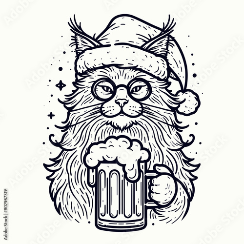  Maine Coon Cat wearing a santa hat  hold a glass of beer mug wear santa claus hat tangled wrap around with Christmas lights in christmas party vector svg clipart  