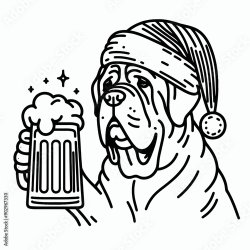  Mastiff Dog wearing a santa hat  hold a glass of beer mug wear santa claus hat tangled wrap around with Christmas lights in christmas party   vector svg clipart