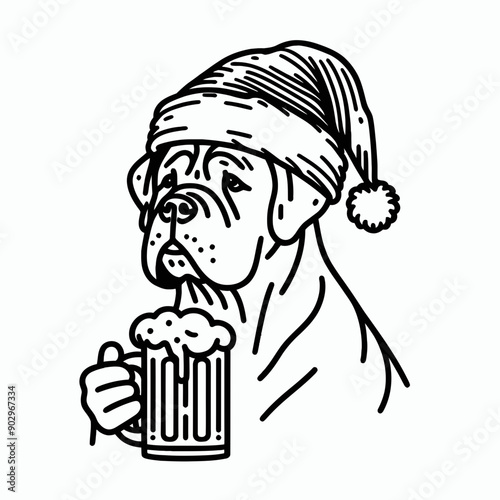  Mastiff Dog wearing a santa hat  hold a glass of beer mug wear santa claus hat tangled wrap around with Christmas lights in christmas party  vector svg clipart 