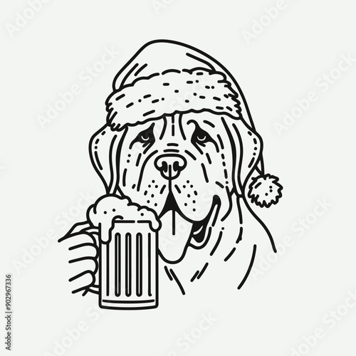  Mastiff Dog wearing a santa hat  hold a glass of beer mug wear santa claus hat tangled wrap around with Christmas lights in christmas party vector svg clipart  