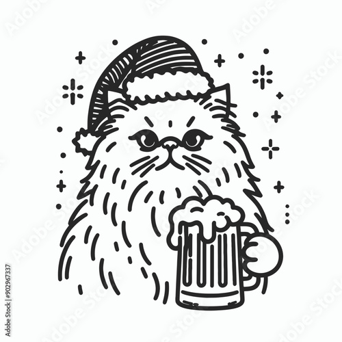  Persian Cat wearing a santa hat  hold a glass of beer mug wear santa claus hat tangled wrap around with Christmas lights in christmas party   vector svg clipart