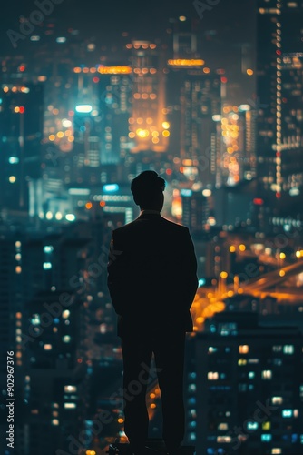 Wallpaper Mural A man is standing in the city at sunset. The city is lit up with lights and the sun is setting in the background. The man is wearing a suit and tie, giving off a professional and serious vibe Torontodigital.ca