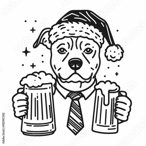  Pittbulls Dog wearing a santa hat  hold a glass of beer mug wear santa claus hat tangled wrap around with Christmas lights in christmas party   vector svg clipart