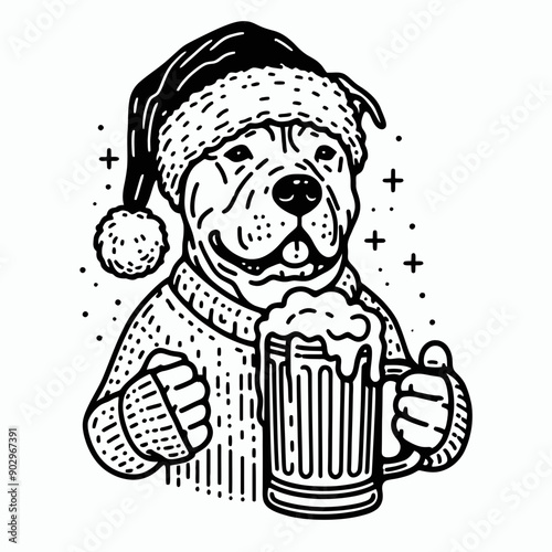  Pittbulls Dog wearing a santa hat  hold a glass of beer mug wear santa claus hat tangled wrap around with Christmas lights in christmas party vector svg clipart  