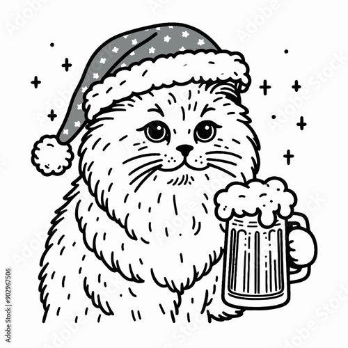  Ragdoll Cat wearing a santa hat  hold a glass of beer mug wear santa claus hat tangled wrap around with Christmas lights in christmas party  vector svg clipart 
