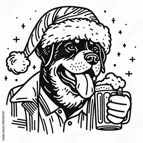  Rottweiler Dog wearing a santa hat  hold a glass of beer mug wear santa claus hat tangled wrap around with Christmas lights in christmas party  vector svg clipart 