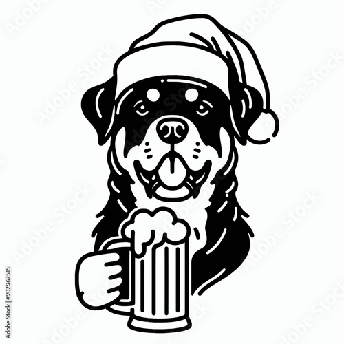  Rottweiler Dog wearing a santa hat  hold a glass of beer mug wear santa claus hat tangled wrap around with Christmas lights in christmas party   vector svg clipart