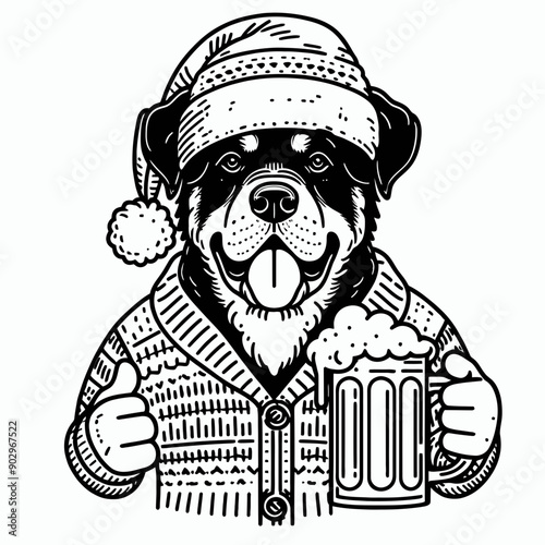  Rottweiler Dog wearing a santa hat  hold a glass of beer mug wear santa claus hat tangled wrap around with Christmas lights in christmas party  vector svg clipart 