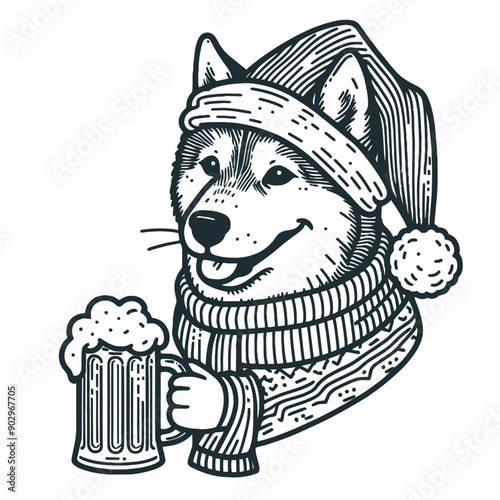  Siberian Husky Dog wearing a santa hat  hold a glass of beer mug wear santa claus hat tangled wrap around with Christmas lights in christmas party vector svg clipart  